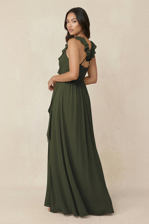 Olive Ruffled V-Neck A-Line Chiffon Bridesmaid Dress (2) | KISSBRIDAL