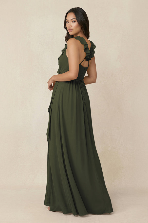 Olive Ruffled V-Neck A-Line Chiffon Bridesmaid Dress (2) | KISSBRIDAL