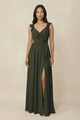 Olive Ruffled V-Neck A-Line Chiffon Bridesmaid Dress | KISSBRIDAL