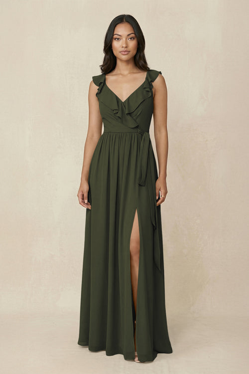 Olive Ruffled V-Neck A-Line Chiffon Bridesmaid Dress | KISSBRIDAL