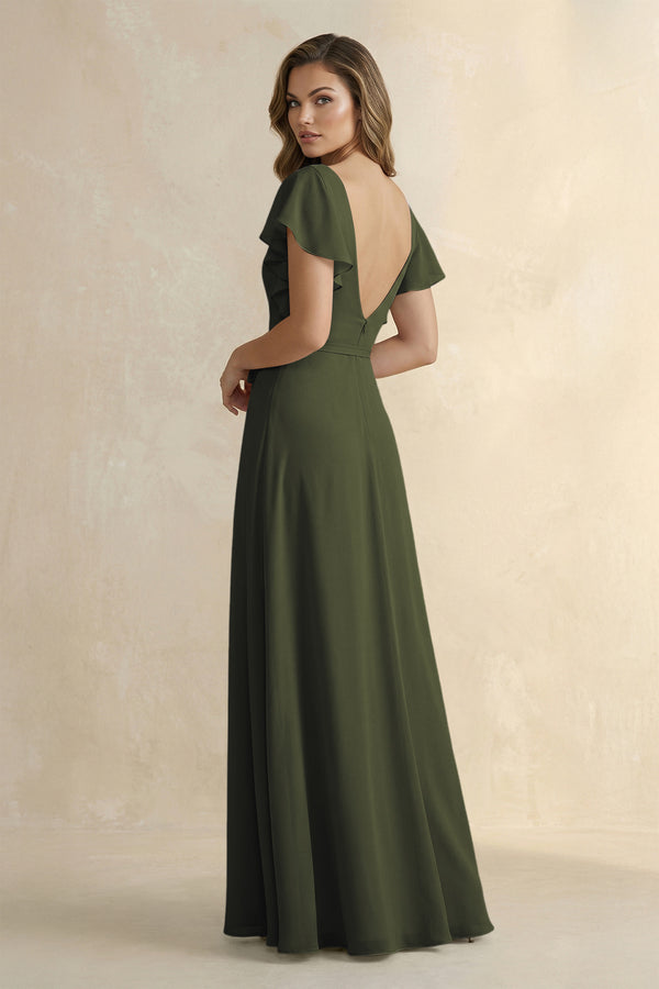 Olive Ruffled V-Neck Chiffon A-Line Bridesmaid Dress (2) | KISSBRIDAL