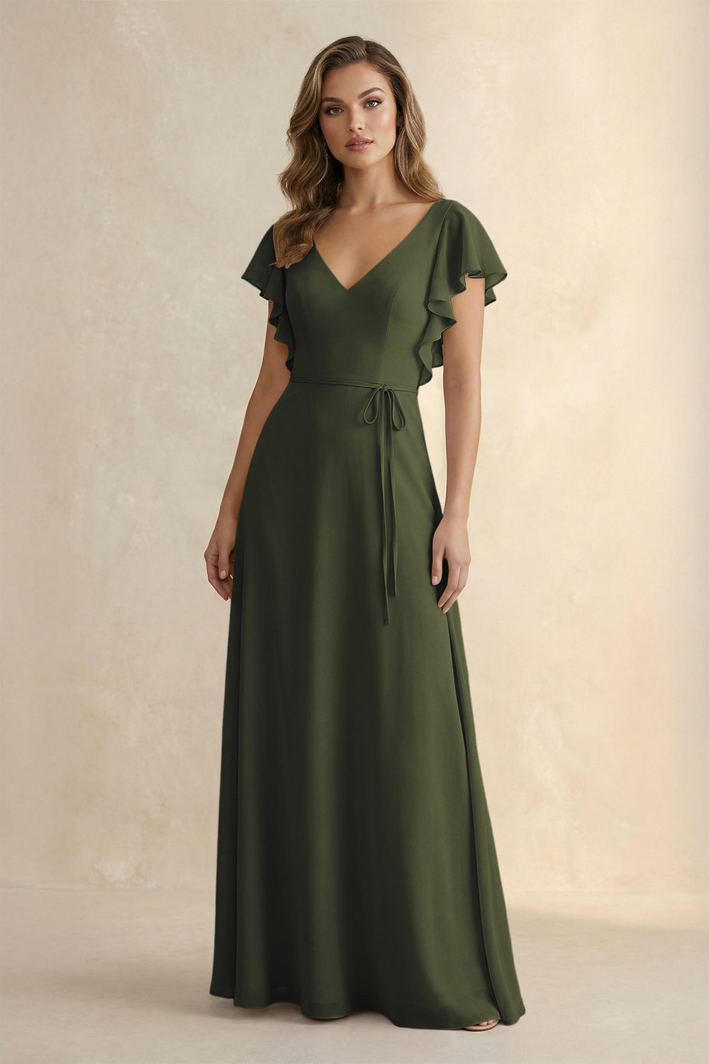Ruffled V-Neck Chiffon A-Line Bridesmaid Dress in Olive