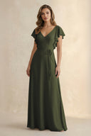 Olive Ruffled V-Neck Chiffon A-Line Bridesmaid Dress | KISSBRIDAL