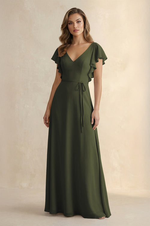 Olive Ruffled V-Neck Chiffon A-Line Bridesmaid Dress | KISSBRIDAL
