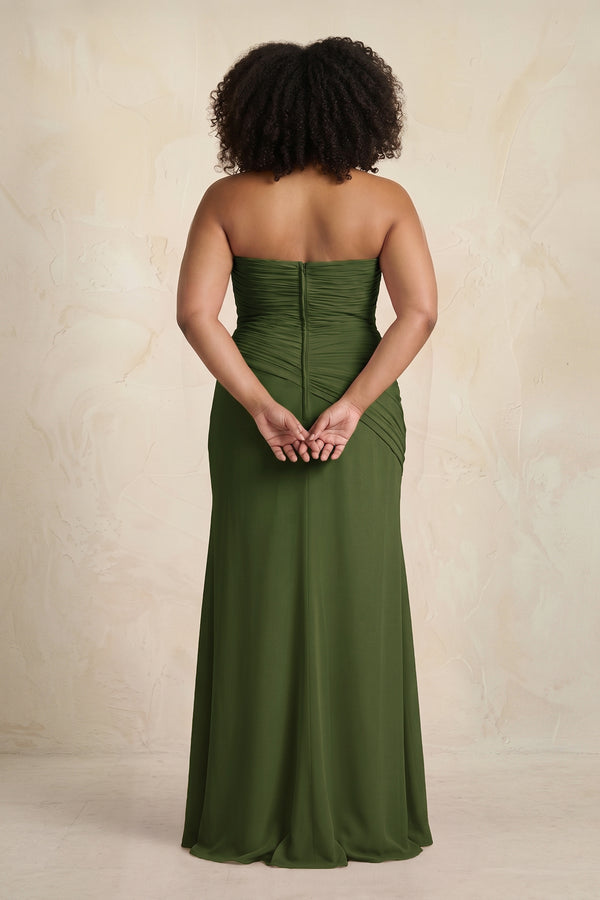 Olive Sheath Chiffon Strapless Pleated Bridesmaid Dress (2) | KISSBRIDAL[sizeplus]