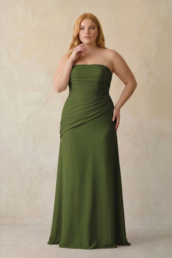 Olive Sheath Chiffon Strapless Pleated Bridesmaid Dress (3) | KISSBRIDAL[sizeplus]
