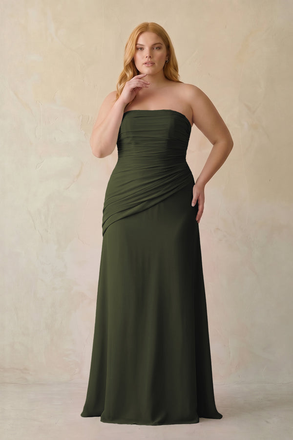 Olive Sheath Chiffon Strapless Pleated Bridesmaid Dress [sizeplus] | KISSBRIDAL