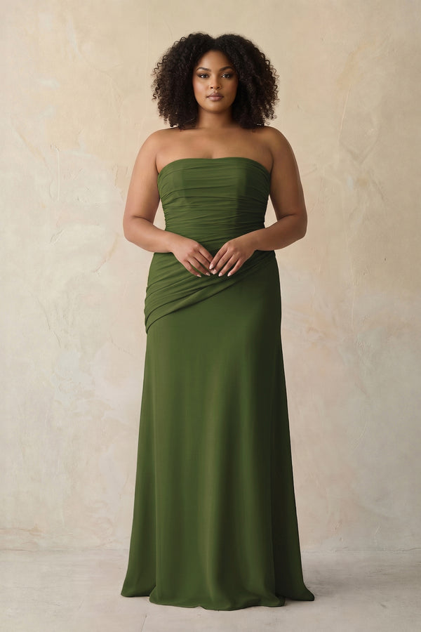 Olive Sheath Chiffon Strapless Pleated Bridesmaid Dress | KISSBRIDAL[sizeplus]