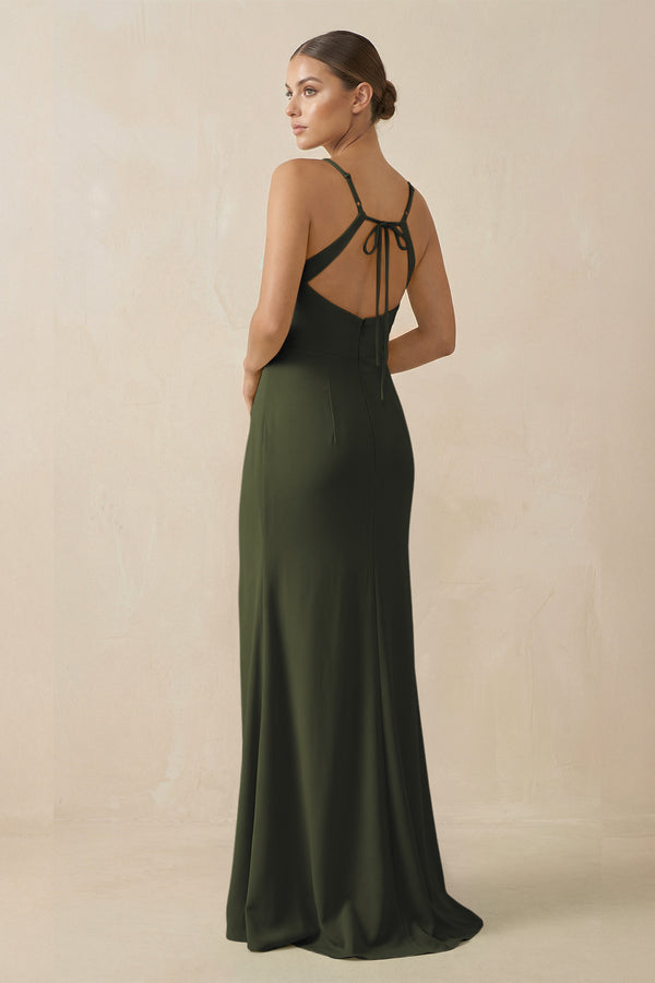 Olive Sheath Spaghetti Straps Chiffon Long Bridesmaid Dress (2) | KISSBRIDAL