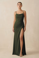 Olive Sheath Spaghetti Straps Chiffon Long Bridesmaid Dress | KISSBRIDAL