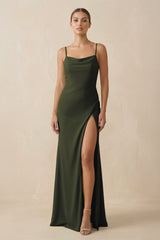 Olive Sheath Spaghetti Straps Chiffon Long Bridesmaid Dress | KISSBRIDAL