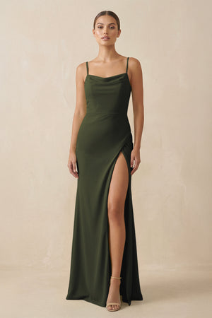 Olive Sheath Spaghetti Straps Chiffon Long Bridesmaid Dress | KISSBRIDAL