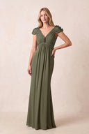 Olive Sheath V-Neck Pleated Chiffon Mother of the Bride Dress (2) | KISSBRIDAL