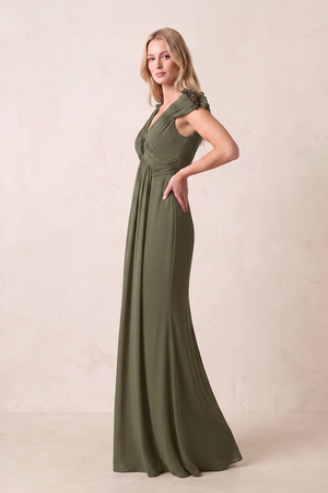 Olive Sheath V-Neck Pleated Chiffon Mother of the Bride Dress | KISSBRIDAL