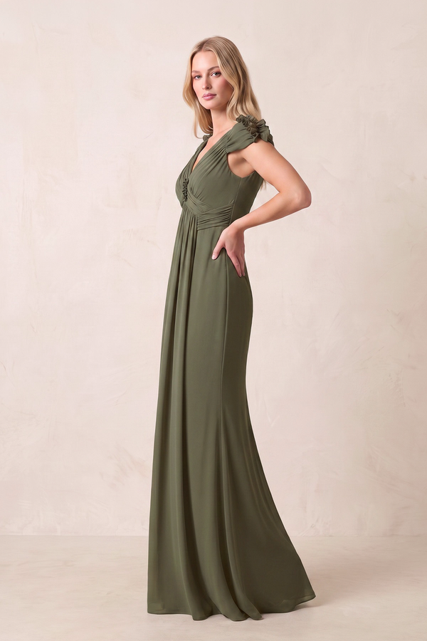 Olive Sheath V-Neck Pleated Chiffon Mother of the Bride Dress | KISSBRIDAL