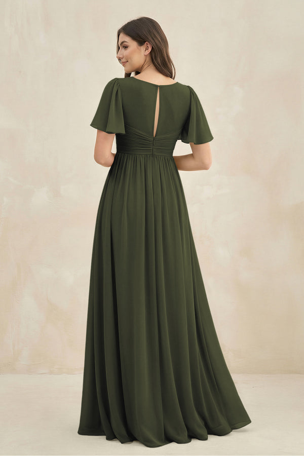 Olive Short Sleeve Chiffon V-Neck A-Line Bridesmaid Dress (2) | KISSBRIDAL