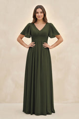 Olive Short Sleeve Chiffon V-Neck A-Line Bridesmaid Dress | KISSBRIDAL