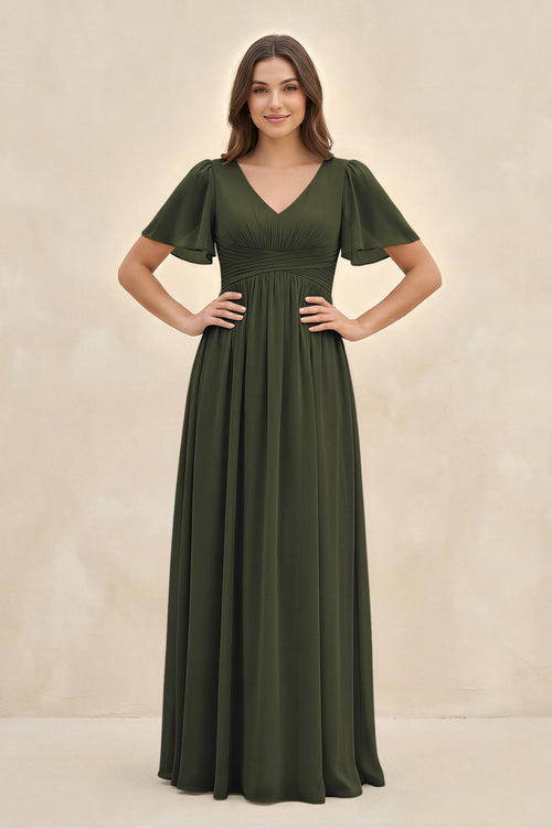 Olive Short Sleeve Chiffon V-Neck A-Line Bridesmaid Dress | KISSBRIDAL