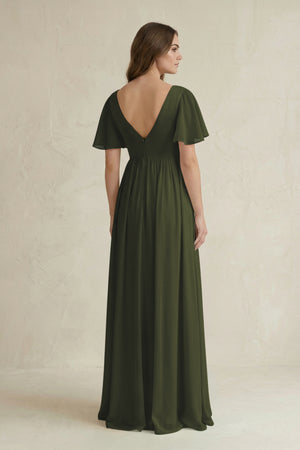 Olive Short Sleeve V-Neck A-Line Chiffon Bridesmaid Dress (2) | KISSBRIDAL