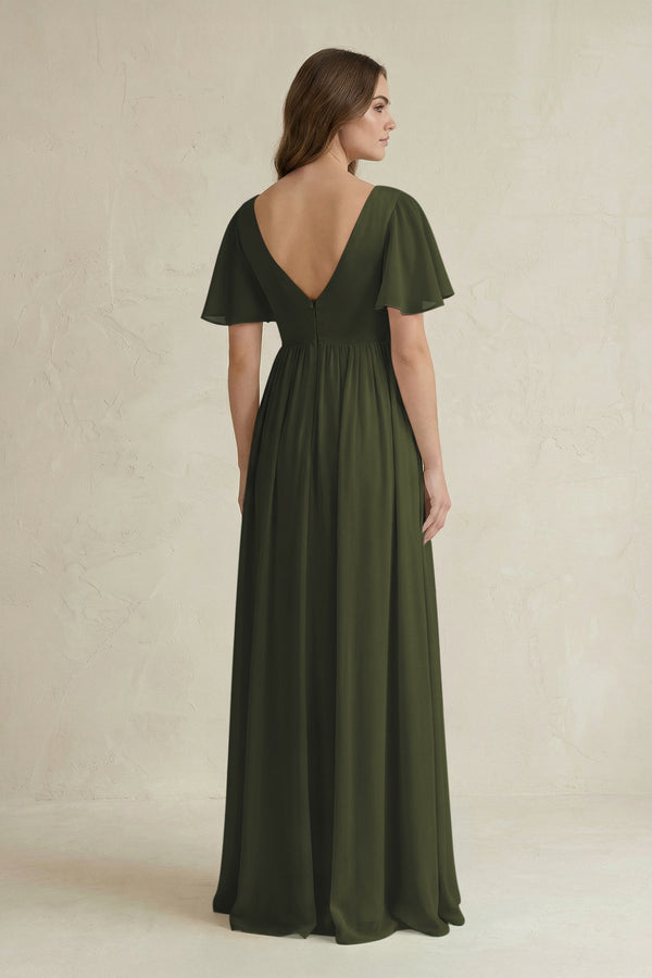 Olive Short Sleeve V-Neck A-Line Chiffon Bridesmaid Dress (2) | KISSBRIDAL