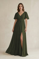 Olive Short Sleeve V-Neck A-Line Chiffon Bridesmaid Dress | KISSBRIDAL