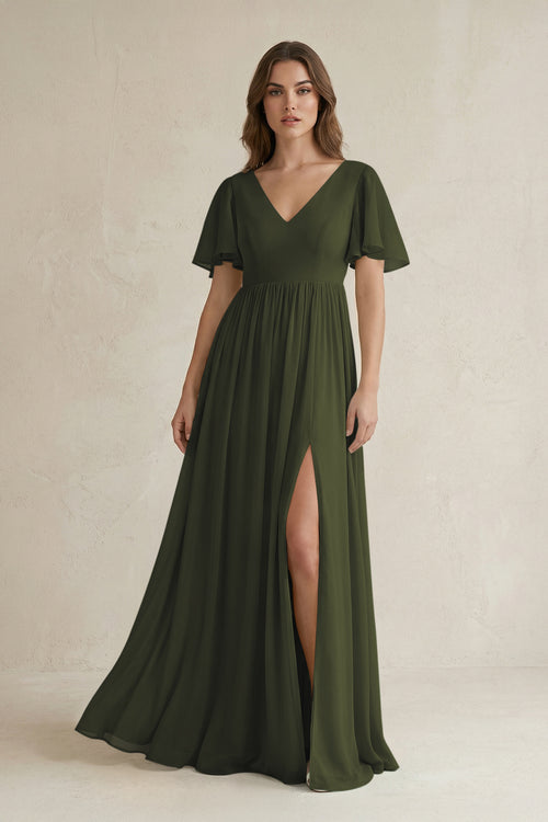 Olive Short Sleeve V-Neck A-Line Chiffon Bridesmaid Dress | KISSBRIDAL