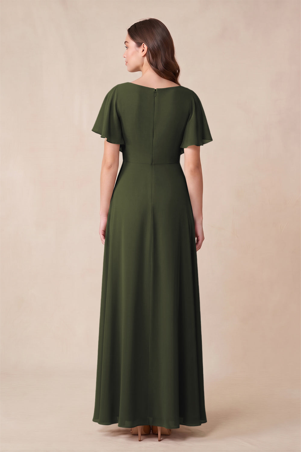 Short Sleeves Bateau A-Line Chiffon Bridesmaid Dress in Olive
