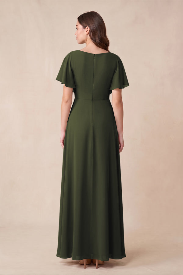 Olive Short Sleeves Bateau A-Line Chiffon Bridesmaid Dress (2) | KISSBRIDAL