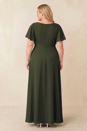 Olive Short Sleeves Bateau A-Line Chiffon Bridesmaid Dress (2) [sizeplus] | KISSBRIDAL