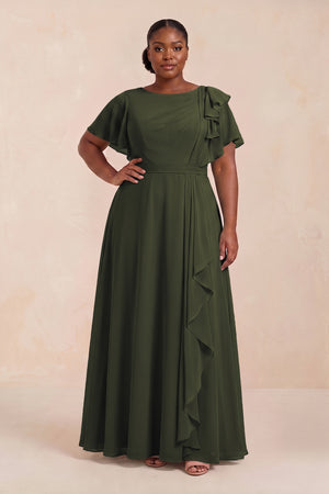 Olive Short Sleeves Bateau A-Line Chiffon Bridesmaid Dress (3) [sizeplus] | KISSBRIDAL
