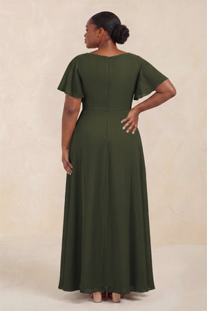 Olive Short Sleeves Bateau A-Line Chiffon Bridesmaid Dress (4) [sizeplus] | KISSBRIDAL