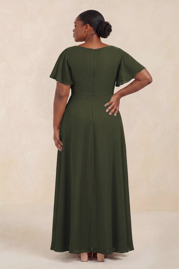 Olive Short Sleeves Bateau A-Line Chiffon Bridesmaid Dress (4) [sizeplus] | KISSBRIDAL