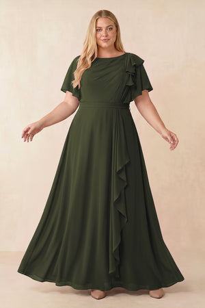Olive Short Sleeves Bateau A-Line Chiffon Bridesmaid Dress [sizeplus] | KISSBRIDAL