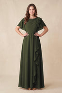 Olive Short Sleeves Bateau A-Line Chiffon Bridesmaid Dress | KISSBRIDAL