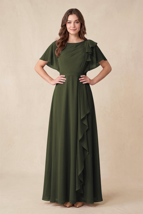 Olive Short Sleeves Bateau A-Line Chiffon Bridesmaid Dress | KISSBRIDAL