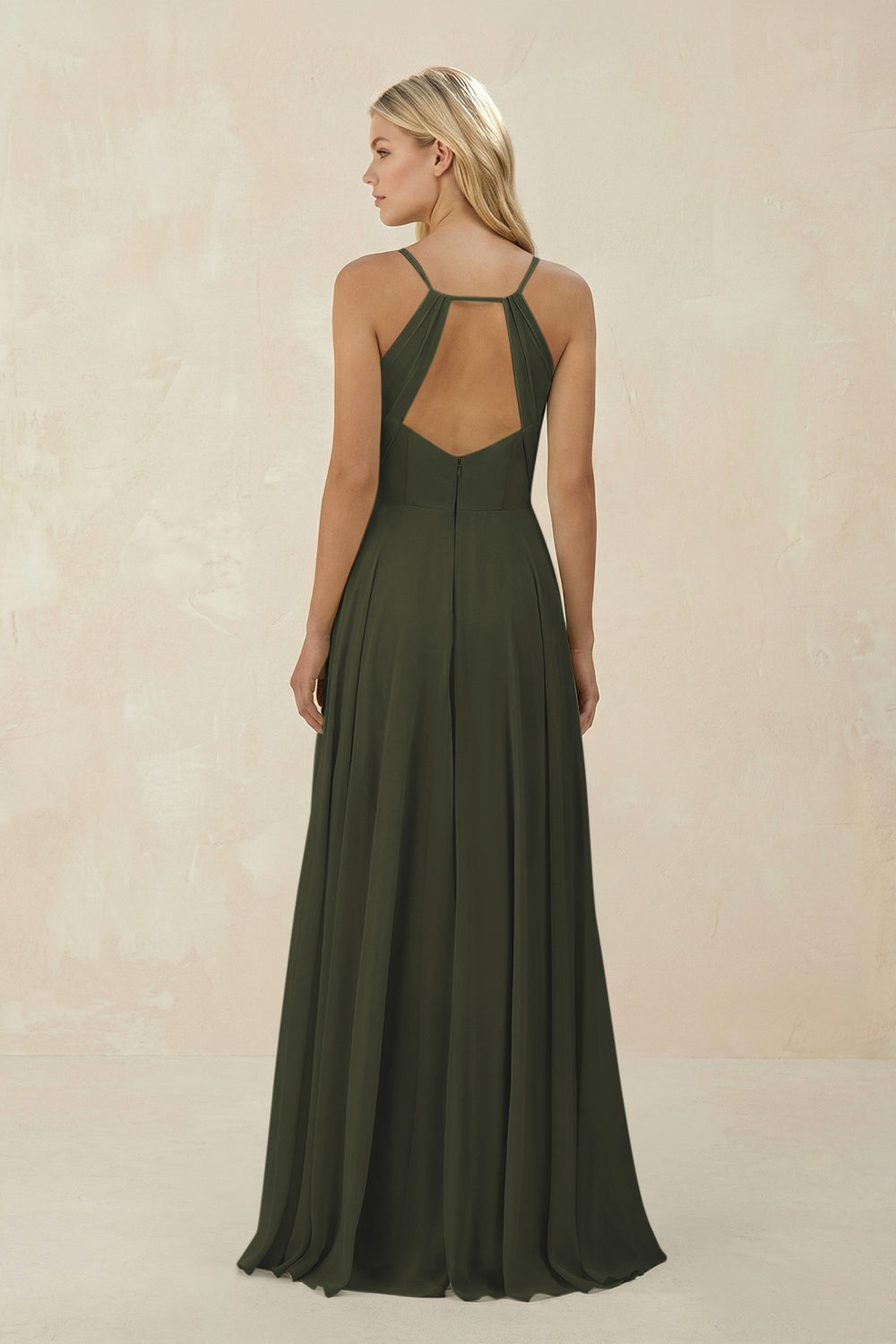 Spaghetti Strap A-Line Chiffon Bridesmaid Dress in Olive
