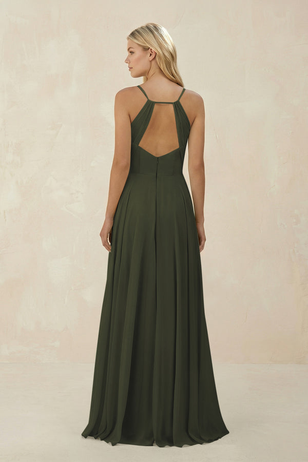 Olive Spaghetti Strap A-Line Chiffon Bridesmaid Dress (2) | KISSBRIDAL