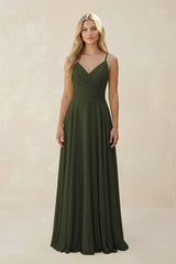 Olive Spaghetti Strap A-Line Chiffon Bridesmaid Dress | KISSBRIDAL