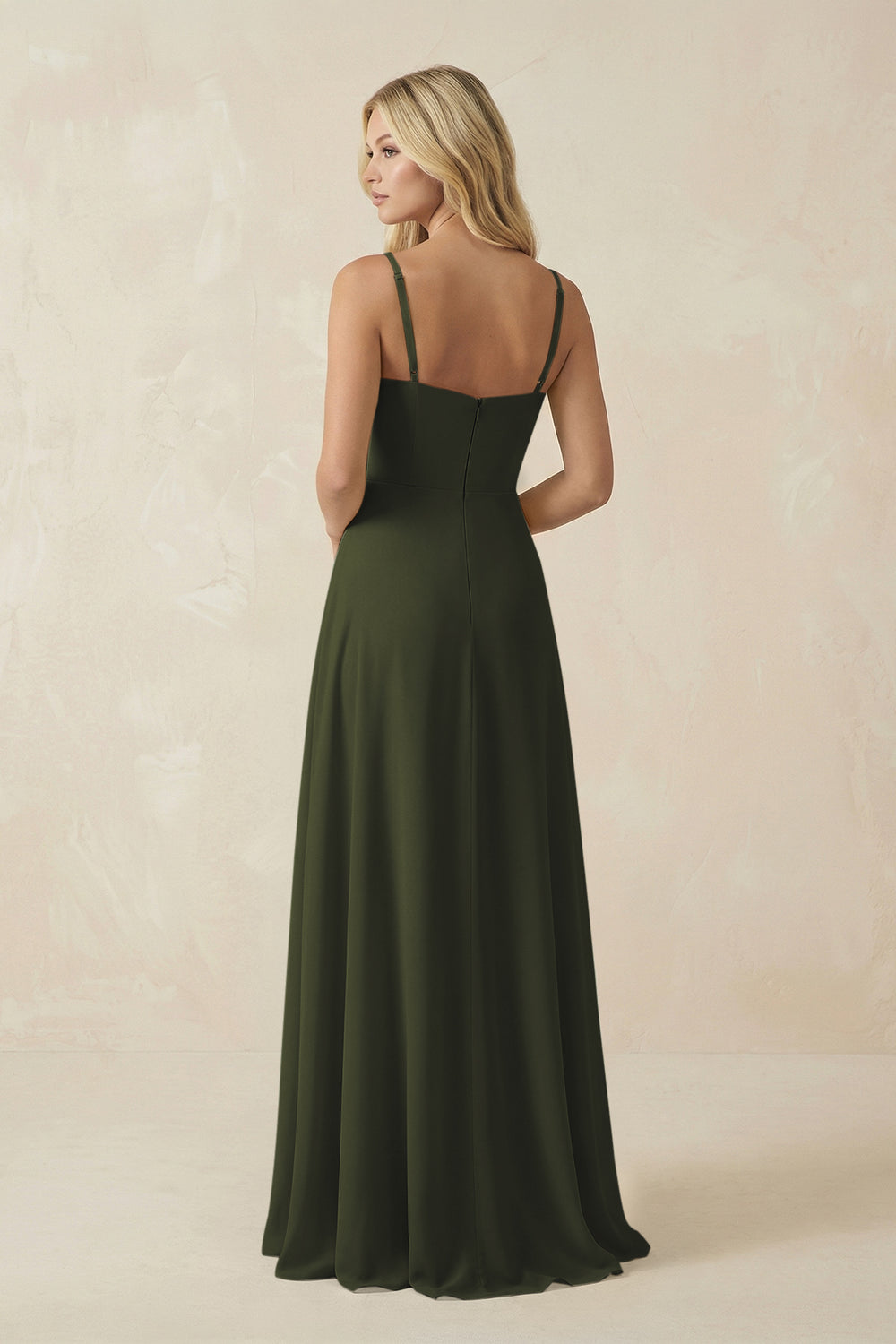 Spaghetti Strap Chiffon A-Line Bridesmaid Dress in Olive