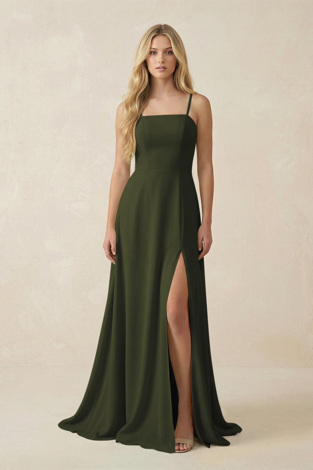 Spaghetti Strap Chiffon A-Line Bridesmaid Dress in Olive