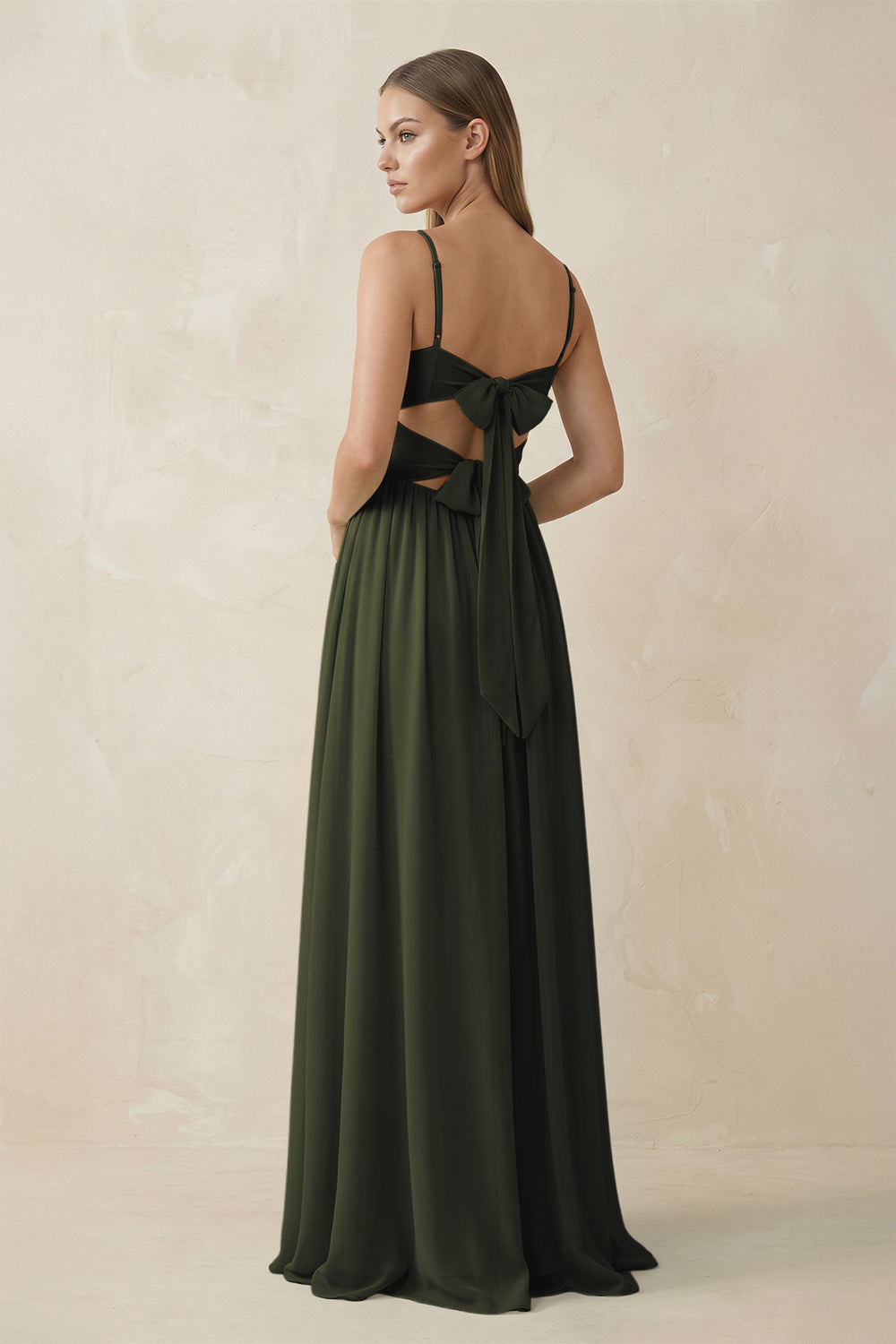 Spaghetti Strap Pleated A-Line Chiffon Bridesmaid Dress in Olive
