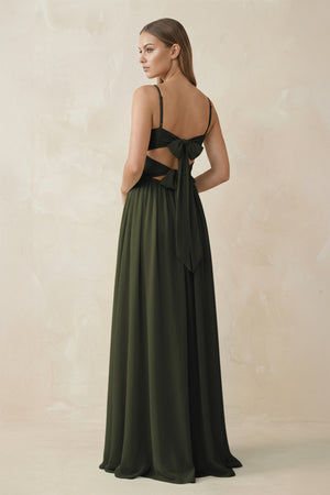 Olive Spaghetti Strap Pleated A-Line Chiffon Bridesmaid Dress (2) | KISSBRIDAL