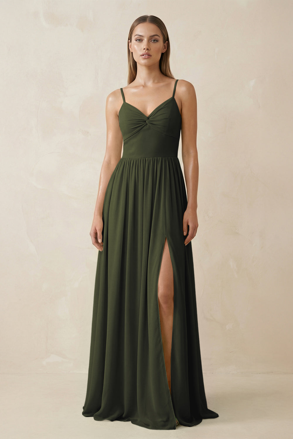Spaghetti Strap Pleated A-Line Chiffon Bridesmaid Dress in Olive