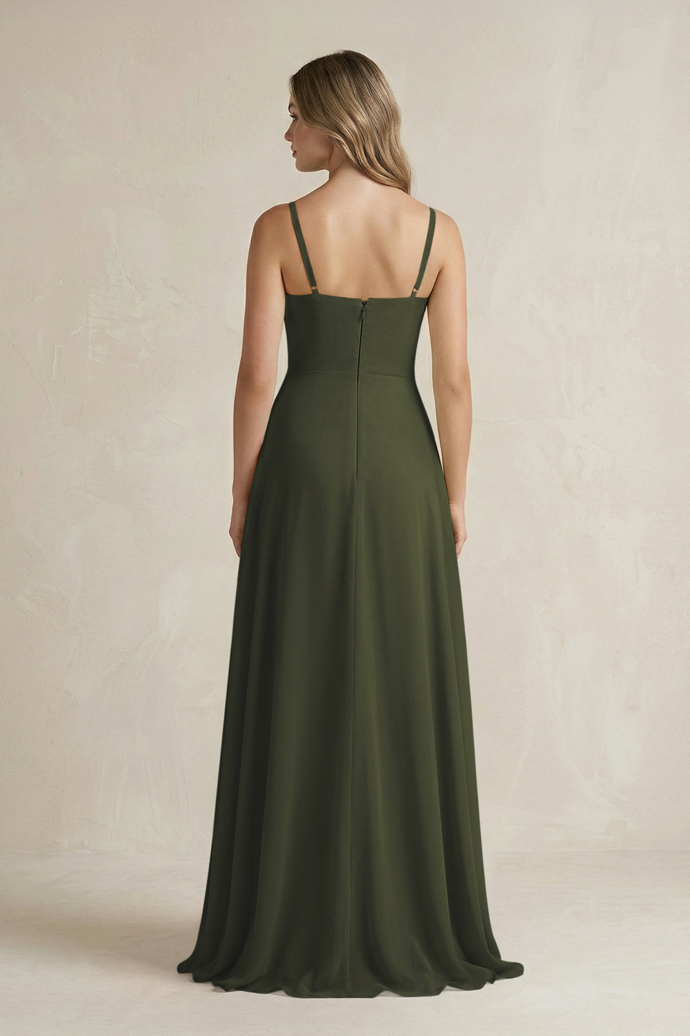 Spaghetti Strap Ruffled A-Line Chiffon Bridesmaid Dress in Olive
