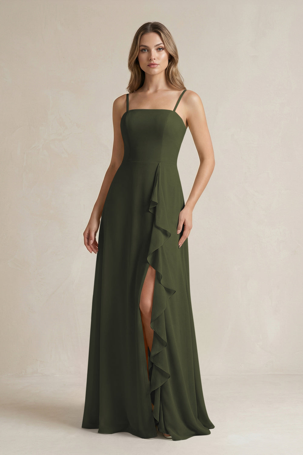 Spaghetti Strap Ruffled A-Line Chiffon Bridesmaid Dress in Olive
