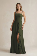 Olive Spaghetti Strap Ruffled A-Line Chiffon Bridesmaid Dress | KISSBRIDAL