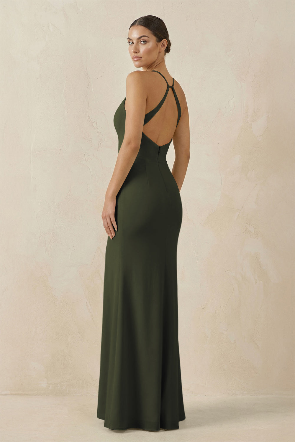 Spaghetti Strap Sheath Chiffon Bridesmaid Dress With Slit in Olive