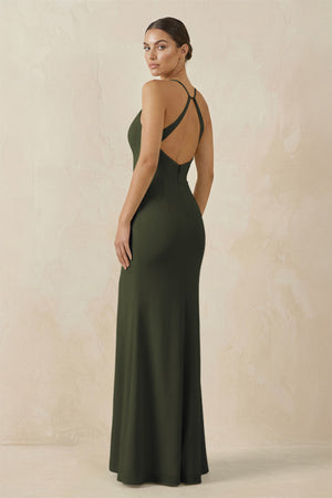 Olive Spaghetti Strap Sheath Chiffon Bridesmaid Dress With Slit (2) | KISSBRIDAL