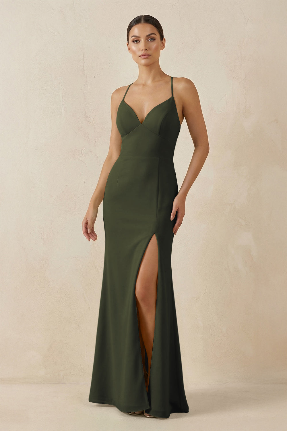 Spaghetti Strap Sheath Chiffon Bridesmaid Dress With Slit in Olive