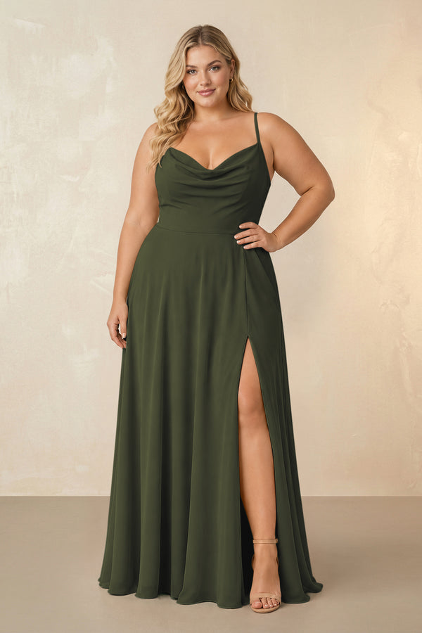 Olive Spaghetti Straps Chiffon A-Line Bridesmaid Dress [sizeplus] | KISSBRIDAL